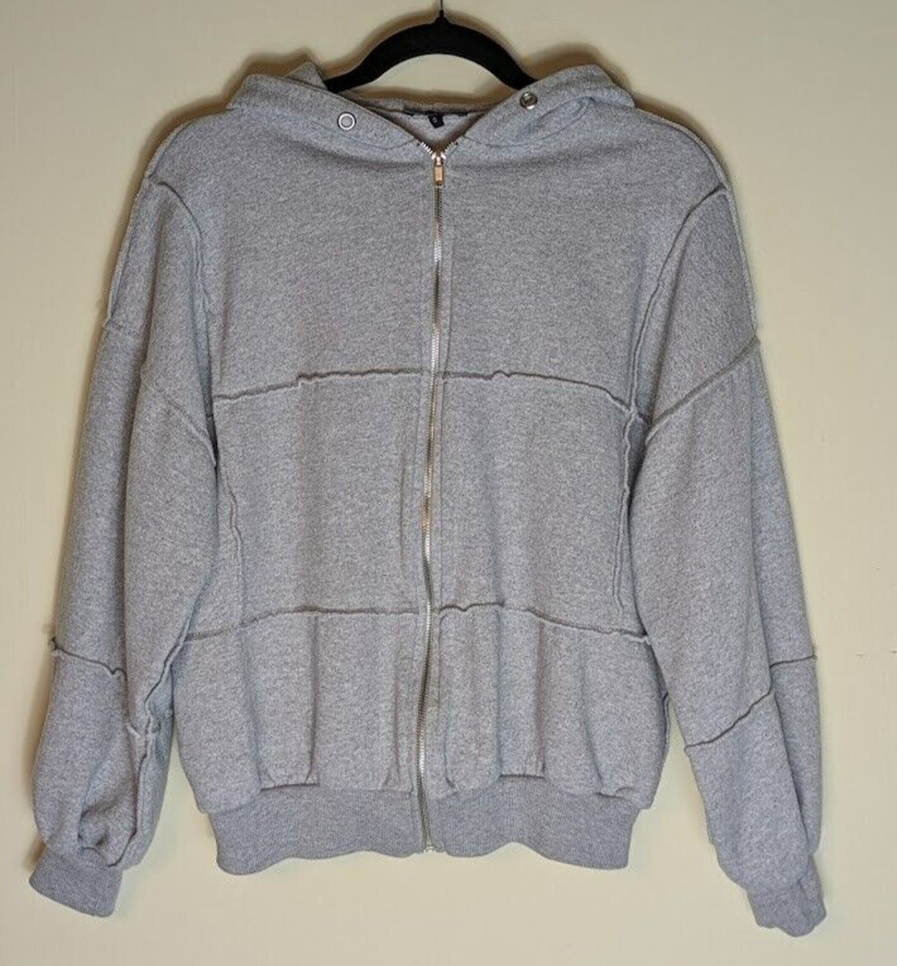 Boohoo Women’s Small Patchwork Full Zip Oversized Gray Hoodie Cozy Comfort Relax